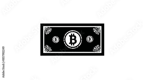 Stylized black and white cryptocurrency banknote icon with digital currency symbol, representing modern finance and virtual money.