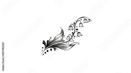 Elegant black and white botanical illustration of lily of the valley flowers with leaves, vintage style, detailed line art, spring floral design.
