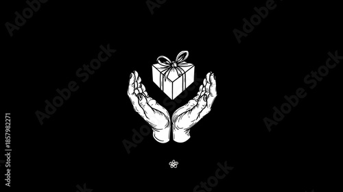 Caring Hands Presenting a Gift Box with Ribbon and Bow Illustration on Black. Concept of Generosity, Surprise, Giving