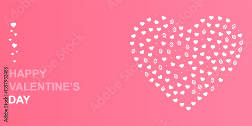 Happy Valentines day text on pink background with glittering heart shapes. Romantic greeting card design with sparkling confetti particles.