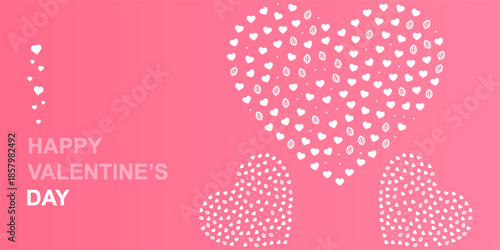 Happy Valentines day text on pink background with glittering heart shapes. Romantic greeting card design with sparkling confetti particles.