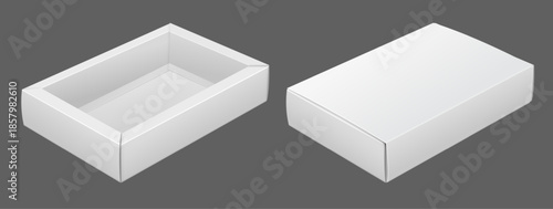 White paper packaging box mockup. Open and closed boxes in a sliding sleeve cover. Realistic. Vector 3D Illustration Isolated.