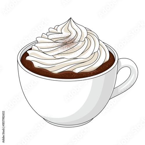 Delicious Hot Chocolate with Whipped Cream Topping in a White Mug, Hand-Drawn Vector Illustration