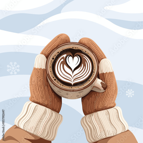Cozy Winter Scene: Hands in Knitted Mittens Holding a Warm Cup of Coffee with Heart Latte Art Against a Snowy Background