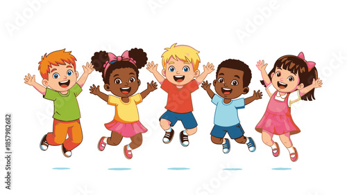 Happy diverse children jumping and playing together in a joyful cartoon illustration