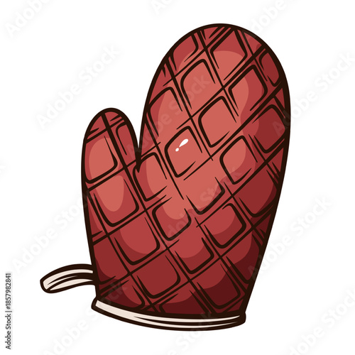 Oven glove with quilted texture and classic shape, kitchen textile accessory in vintage engraving style, detailed retro household object, monochrome line art, vector illustration.