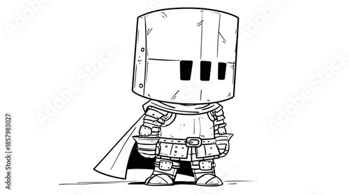 Cute cartoon medieval knight character in full armor with a box helmet and cape. Fantasy warrior illustration in black and white line art.