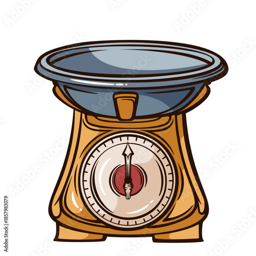 Classic kitchen scale with round metal tray and retro dial, traditional household weighing device in vintage engraving style, detailed kitchen equipment, monochrome line art, vector illustration.