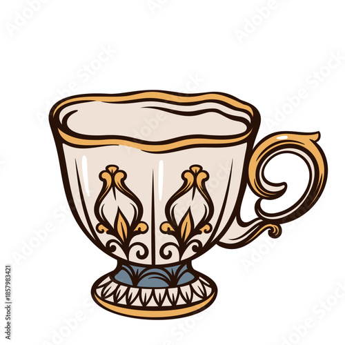 Classic teapot with curved spout, decorative handle and lid, traditional kitchen teaware with sculpted body, vintage engraving style, detailed household object. vector illustration
