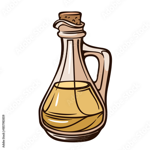 Glass oil bottle with cork stopper and handle, filled with cooking oil, classic kitchen container with smooth curves and retro look, vintage engraving style illustration. vector illustration
