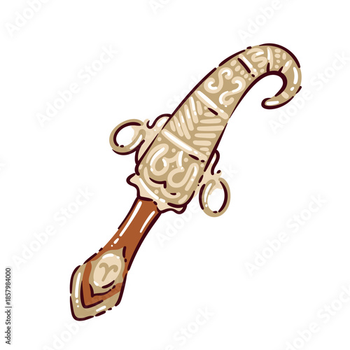 Moroccan curved dagger with carved handle and ornamental details. Traditional North African ceremonial weapon, arabic cultural symbol, travel to Morocco, cartoon doodle style, vector illustration.