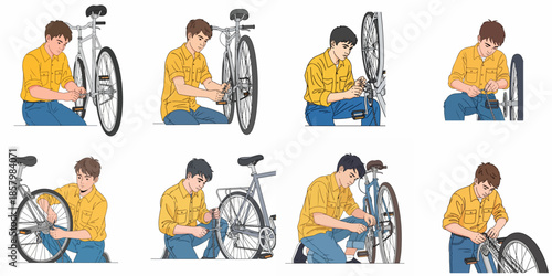 Collection of illustrations showing a man repairing a bicycle chain, adjusting gears, and performing bike maintenance sequence on a white background.