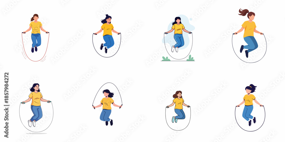 Fototapeta premium Set of Vector Illustrations: Young Women Jumping Rope. Diverse female characters performing cardio workout and fitness training on a white background.