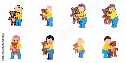 Cute vector illustration set showing adorable babies and happy toddlers embracing their beloved brown teddy bears.