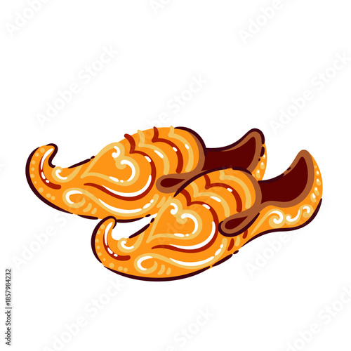 Moroccan babouche leather slippers with curved toes and decorative patterns. Traditional handmade footwear, cultural symbol of North Africa, warm colors, cartoon doodle style, vector illustration.