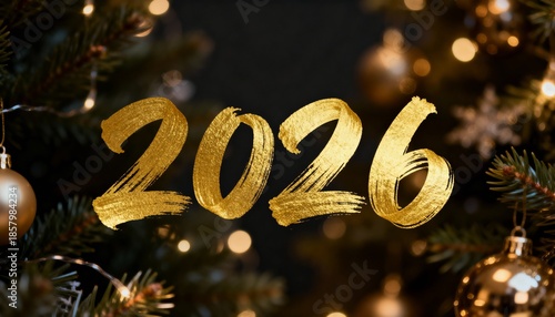 Luxury Holiday Illustration with Golden Brushstroke 2026 Typography on Dark Bokeh Background with Christmas Trees, Golden Baubles and Festive Fairy Lights.