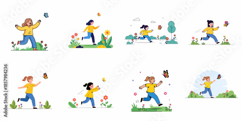 Cute illustration set of happy girls running after colorful butterflies in a blooming spring or summer garden, enjoying outdoor fun.