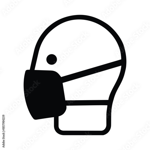 Minimalist Black Line Art Icon of Human Head Wearing a Face Mask for Public Health Instructions and Safety Protocol Graphics - Professional Vector Stock Image