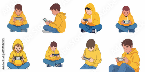 Set of illustrations showing young boys in yellow hoodies intensely focused on playing handheld video games while sitting down.