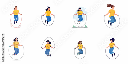 Set of Vector Illustrations: Young Women Jumping Rope. Diverse female characters performing cardio workout and fitness training on a white background.
