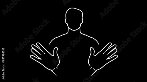 White outline graphic icon of a person displaying open hands forward, signaling stop, hold, or presentation on a black background.