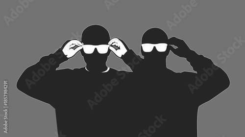 Minimalist graphic of two anonymous figures in silhouette adjusting modern eyewear against a neutral background