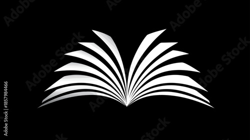 Stylized open book symbol with fanned white pages against a black background, representing knowledge, education, learning, and literature.