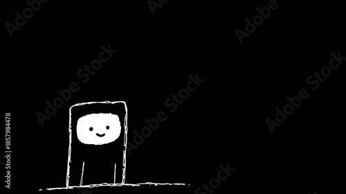 Cute minimalist hand-drawn cartoon character happily dancing and bouncing in a simple doodle animation on a black background.