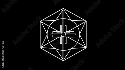 Intricate Sacred Geometry Symbol with Futuristic Hexagonal Line Art on Black Background, Abstract Esoteric Design