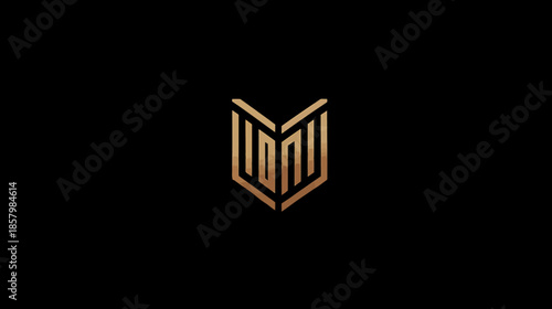 Golden abstract geometric shield emblem on black, modern luxury premium design for business, elegant corporate identity symbol.