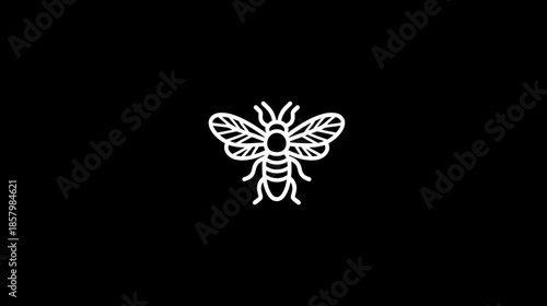 Minimalist White Outline Bee Icon Illustration on Black Background, Simple Stylized Insect Vector Graphic for Nature and Honey Design