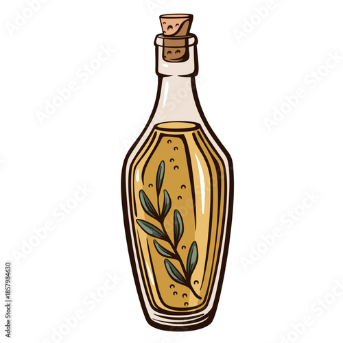 Tall glass oil bottle with cork stopper and olive branch inside, classic kitchen container in vintage engraving style, detailed culinary element, monochrome line art, vector illustration.