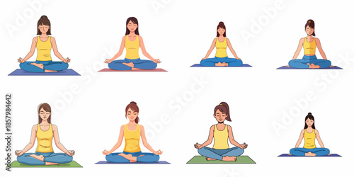 Eight illustrations of young women practicing yoga and meditation in the lotus position, promoting wellness, relaxation, and mindfulness.