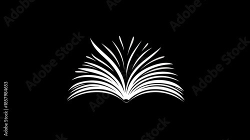 Stylized open book icon with fanned pages, representing knowledge, education, and wisdom on a clean black background. Minimalist symbol.