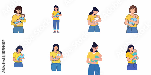 Collection of eight illustrations depicting happy young mothers gently holding and cuddling their newborn babies, showcasing maternal love and bonding.