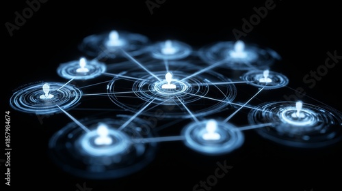 Visual Representation of a Network System with Interconnected Nodes and Dynamic Lights in a Dark Environment