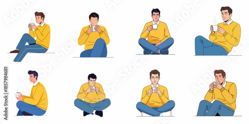 Set of illustrations showing a young man sitting in relaxed postures, enjoying a hot drink like coffee or tea, representing comfort and leisure time.