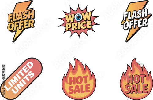 A collection of vibrant flash offer, wow price, and hot sale promotion tags for marketing