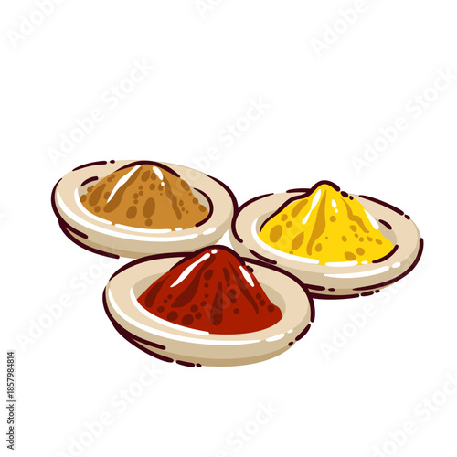 Moroccan spices on small plates. Colorful ground seasonings, traditional market food ingredients, North African cuisine symbol. Doodle style, vector illustration.