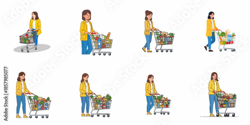 Various vector illustrations of a woman grocery shopping, pushing a full supermarket cart of food, isolated on white background.