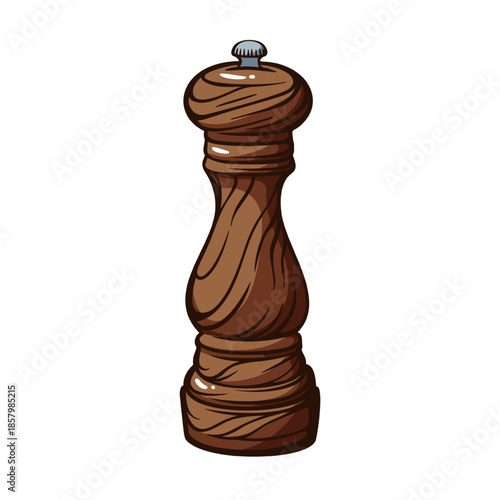 Classic wooden pepper mill with carved body and metal knob, traditional kitchen seasoning tool in vintage engraving style, detailed culinary object, monochrome line art, vector illustration.