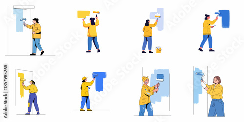 A collection of illustrated women painters applying colorful paint to walls using rollers and brushes, symbolizing home renovation, DIY, and professional decorating.