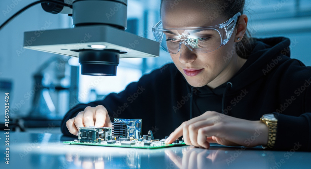 Obraz premium A focused young woman in safety goggles carefully inspects a circuit board under a microscope in a clean lab, showcasing expertise in electronics and engineering.