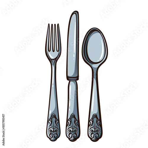 Fork, knife and spoon set with ornate handles, classic table cutlery in vintage engraving style, detailed metal utensils with decorative pattern. vector illustration