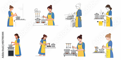 Vector set of women cooking in the kitchen, preparing meals, stirring pots, wearing aprons, and using stoves for domestic activity.