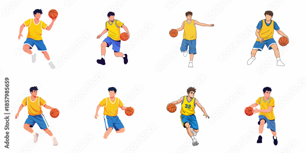 Fototapeta premium Set of eight vector illustrations showing young male basketball players in different action poses like dribbling, jumping, and running, isolated on white background.