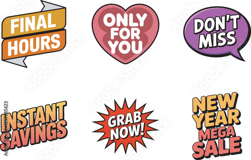 A collection of six colorful and dynamic promotional stickers for sales, discounts, and limited-time offers