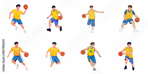 Set of eight vector illustrations showing young male basketball players in different action poses like dribbling, jumping, and running, isolated on white background.