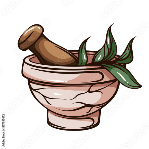 Stone mortar with wooden pestle and fresh herbs, traditional kitchen grinding tool, herbal preparation object in vintage engraving style with detailed lines. vector illustration
