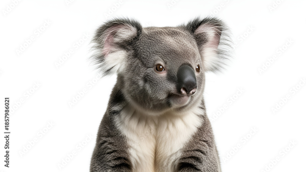 Fototapeta premium A koala sitting and facing the camera on a white background, a cute and iconic Australian wildlife studio portrait.